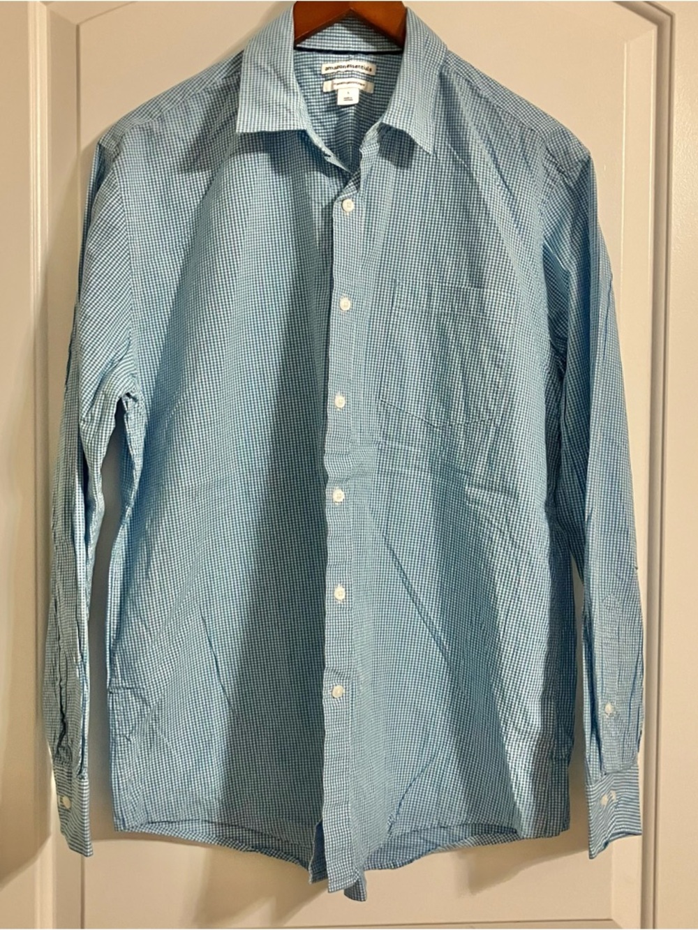 Amazon Essentials Button Up Blue White Gingham Check Long Sleeve Shirt Men's L